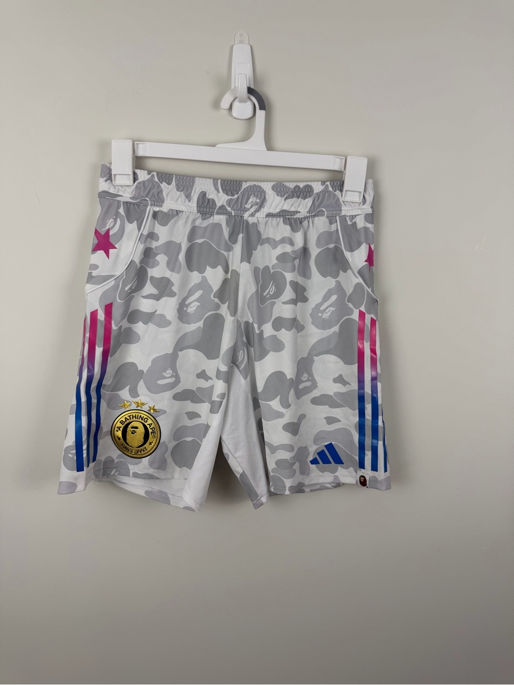 adidas White Camo Athletic Shorts with Pink & Blue Stripe Accents